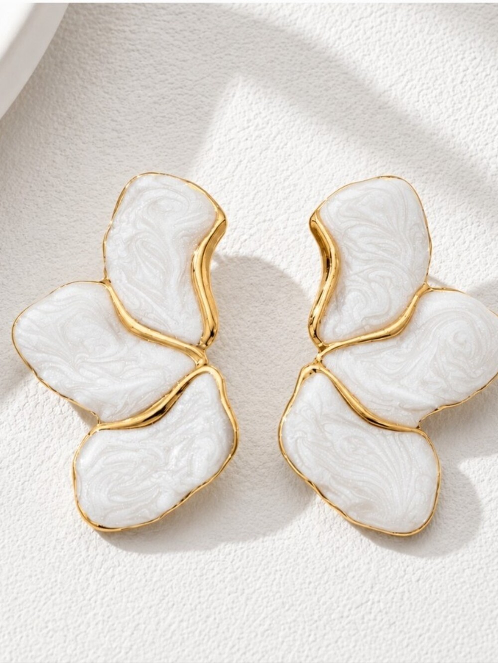 White Floral Petal Drop Earrings With Gold Trim Fan Shape